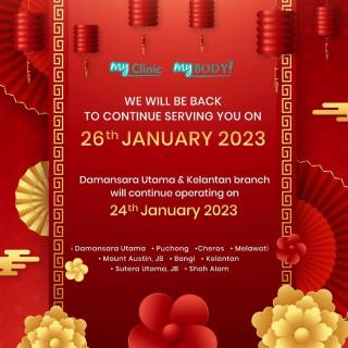 In conjunction with the Chinese New Year celebration, we would like to inform you that MyClinic will be closed on the mentioned dates 🗓️

MyClinic Team would like to take this opportunity to wish all of you a Happy and Prosperous Chinese New Year! 🧧

Stay safe and spread love during this festive season 💖

Sempena sambutan Tahun Baru Cina, MyClinic akan ditutup pada tarikh yang dinyatakan 🗓️

MyClinic ingin mengambil kesempatan ini untuk mengucapkan Selamat Tahun Baru Cina kepada anda semua! 🧧

Kekal selamat dan gembira sepanjang musim perayaan ini 💖

#MyClinic