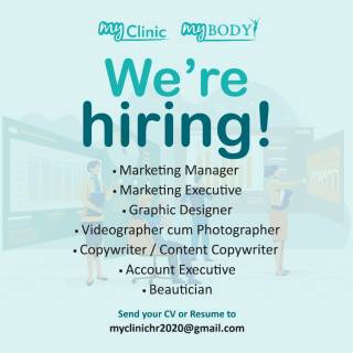 MyClinic- Your Trusted and #1 Choice
Your skills are what we’re looking for 🧐

Come and join our growing team! Kindly submit your resume to myclinichr2020@gmail.com

Damansara Utama | Puchong | Cheras
Melawati | Mount Austin, JB | Bangi | Kelantan | Shah Alam | Sutera Utama, JB
⏰ Monday to Saturday 10.00am - 7.00pm
⏰ Sunday 10.00am - 6.00pm

#MyClinic #hiring #JobVacancyAlert