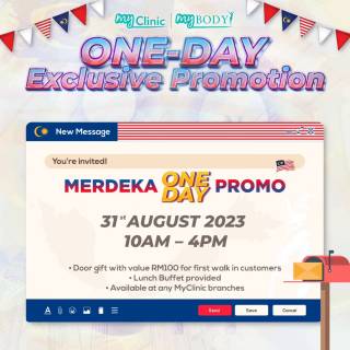 MyClinic- Your Trusted and #1 Choice
🇲🇾🎉 HAPPY 66th MERDEKA DAY! 🎉🇲🇾

Get ready for massive savings with MyClinic One-Day Merdeka Promo:
💰 Up to RM1,000 cash back
💰 Up to 80% discounts

🗓️ Date: 31st August 2023
⏰ Time: 10 AM - 4 PM
📍 All MyClinic branches

Don't miss our sumptuous lunch buffet! Be quick – the first 100 attendees will receive goodie bags worth RM100 🎁

Celebrate Merdeka with us in style. Mark your calendars and join us for this unforgettable event! 🇲🇾🎊

🇲🇾🎉 SELAMAT HARI MERDEKA KE-66! 🎉🇲🇾

Bersedia untuk penjimatan besar-besaran dengan One-Day Merdeka Promo MyClinic:
💰 Pulangan tunai sehingga RM1,000
💰 Diskaun sehingga 80%

🗓️ Tarikh: 31 Ogos 2023
⏰ Masa: 10 PAGI - 4 PETANG
📍 Semua cawangan MyClinic

Jangan lepaskan peluang untuk menikmati bufet makan tengah hari yang lazat! Datang cepat – 100 peserta terawal akan menerima goodie bag bernilai RM100 🎁

Raikan Merdeka dengan penuh gaya bersama kami. Tanda kalendar anda dan sertai kami untuk event ini! 🇲🇾🎊

Damansara Utama | Puchong | Cheras
Melawati | Mount Austin, JB | Bangi | Kelantan | Shah Alam | Sutera Utama, JB
⏰ Monday to Sunday 10.00 am - 6.30 pm

#MyClinic #MyClinic #MyClinicTreatment #MyClinicPromo #sale #aesthetickl #aestheticclinic #aesthetic #aestheticmalaysia #skinclinic #skinclinicmalaysia #klinikkulit #klinikkulitmalaysia #doktorkulitmalaysia #skincare #skindisease #medicalaesthetics #skinaesthetic #antiaging #lipfiller #nonsurgical #pigmentation #picolaser #yellowlaser #co2laser #fatfreezing #hairgrowth #slimming #rejuran #profhilo