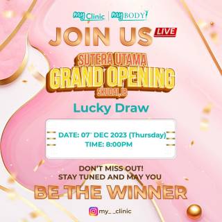 MyClinic- Your Trusted and #1 Choice
🎉 It's your chance to win up to a total of RM100k worth of prizes! 🎉

Our IG Live Lucky Draw sesh is making a comeback in celebration of the grand opening of MyClinic's new branch in Sutera Utama, Skudai, JB! 🌟 

If you've made purchases exceeding RM1,000 between the 7th to 14th of October 2023 at MyClinic JB Sutera Utama, you stand a chance to win amazing prizes worth up to RM100k 🎁✨ 

🗓️ 7th Dec 2023, Thursday
⏰ 8 PM
🎙️ MyClinic's Instagram LIVE! 

Don't miss the thrill and join us for this virtual celebration! 🥳

🎉 Ini peluang anda untuk memenangi hadiah bernilai sehingga RM100k! 🎉

Sesi Cabutan Bertuah IG Live kami kembali lagi sempena pembukaan rasmi cawangan baharu MyClinic di Sutera Utama, Skudai, JB! 🌟

Jika anda telah membuat pembelian melebihi RM1,000 antara 7 hingga 14 Oktober 2023 di MyClinic JB Sutera Utama, anda berpeluang memenangi hadiah hebat bernilai sehingga RM100k 🎁✨

🗓️ 7hb Dis 2023, Khamis
⏰ 8 malam
🎙️ Instagram LIVE MyClinic!

Jom join & berseronok dengan kami! 🥳

Damansara Utama | Puchong | Cheras
Melawati | Mount Austin, JB | Bangi | Kelantan | Shah Alam | Sutera Utama, JB
⏰ Monday to Sunday 10.00 am - 6.30 pm

#MyClinic #MyClinicPromo #aestheticclinic #aesthetic #aestheticmalaysia #skinclinic #skinclinicmalaysia #klinikkulit #klinikkulitmalaysia #doktorkulitmalaysia #skincare #skindisease #medicalaesthetics #skinaesthetic #antiaging #lipfiller #pigmentation #picolaser #yellowlaser #co2laser #fatfreezing #slimming #rejuran #profhilo #hydrafacial #potenza #emface #thermage #ultherapy