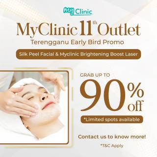 MyClinic- Your Trusted and #1 Choice
MyClinic is spreading the glow to Terengganu with our 11th branch opening soon! 📍

Be among our first customers & enjoy the exclusive ‘Early Bird Promotion’. Snag up to 90% off on our famous Silk Peel Facial and Brightening Boost Laser Treatment 🕊️

Kickstart your year with a radiant glow at MyClinic Terengganu! 🗺️

MyClinic akan membawa rawatan kecantikan ke Terengganu dengan cawangan ke-11 yang akan dibuka! 📍

Jadi antara pelanggan pertama kami dan nikmati ‘Promosi Early Bird’ eksklusif. Dapatkan diskaun sehingga 90% untuk Silk Peel Facial dan Rawatan Laser Brightening Boost MyClinic yang famous! 🕊️

Mulakan tahun anda dengan wajah yang berseri di MyClinic Terengganu! 🗺️

Damansara Utama | Puchong | Cheras
Melawati | Mount Austin, JB | Bangi | Kelantan | Shah Alam | Sutera Utama, JB
⏰ Monday to Sunday 10.00 am - 6.30 pm

#MyClinic #MyClinicPromo #aestheticclinic #aesthetic #aestheticmalaysia #skinclinic #skinclinicmalaysia #klinikkulit #klinikkulitmalaysia #doktorkulitmalaysia #skincare #skindisease #medicalaesthetics #skinaesthetic #antiaging #lipfiller #pigmentation #picolaser #yellowlaser #co2laser #fatfreezing #slimming #rejuran #profhilo #hydrafacial #potenza #emface #thermage #ultherapy