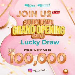 MyClinic- Your Trusted and #1 Choice
🎉 It's your chance to win up to a total of RM100k worth of prizes! 🎉

Our IG Live Lucky Draw sesh is making a comeback in celebration of the grand opening of MyClinic's new branch in Sutera Utama, Skudai, JB! 🌟 

If you've made purchases exceeding RM1,000 between the 7th to 14th of October 2023 at MyClinic JB Sutera Utama, you stand a chance to win amazing prizes worth up to RM100k 🎁✨ 

🗓️ 7th Dec 2023, Thursday
⏰ 8 PM
🎙️ MyClinic's Instagram LIVE! 

Don't miss the thrill and join us for this virtual celebration! 🥳

🎉 Ini peluang anda untuk memenangi hadiah bernilai sehingga RM100k! 🎉

Sesi Cabutan Bertuah IG Live kami kembali lagi sempena pembukaan rasmi cawangan baharu MyClinic di Sutera Utama, Skudai, JB! 🌟

Jika anda telah membuat pembelian melebihi RM1,000 antara 7 hingga 14 Oktober 2023 di MyClinic JB Sutera Utama, anda berpeluang memenangi hadiah hebat bernilai sehingga RM100k 🎁✨

🗓️ 7hb Dis 2023, Khamis
⏰ 8 malam
🎙️ Instagram LIVE MyClinic!

Jom join & berseronok dengan kami! 🥳

Damansara Utama | Puchong | Cheras
Melawati | Mount Austin, JB | Bangi | Kelantan | Shah Alam | Sutera Utama, JB
⏰ Monday to Sunday 10.00 am - 6.30 pm

#MyClinic #MyClinicPromo #aestheticclinic #aesthetic #aestheticmalaysia #skinclinic #skinclinicmalaysia #klinikkulit #klinikkulitmalaysia #doktorkulitmalaysia #skincare #skindisease #medicalaesthetics #skinaesthetic #antiaging #lipfiller #pigmentation #picolaser #yellowlaser #co2laser #fatfreezing #slimming #rejuran #profhilo #hydrafacial #potenza #emface #thermage #ultherapy
